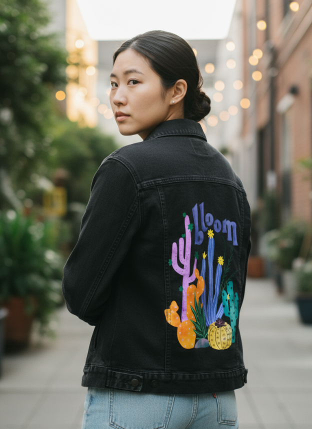 CACTUS BLOOMS by thearticsoul, digitally printed on DENIM products: throw pillows, aprons, table place mats, and hand-made Unisex Denim Jackets in 3 color choices