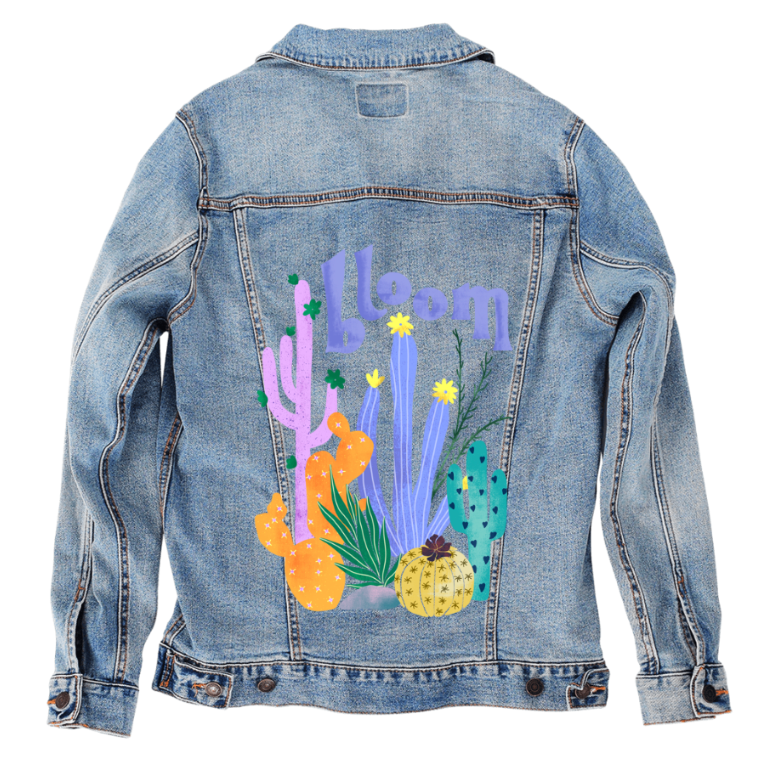 CACTUS BLOOMS by thearticsoul, digitally printed on DENIM products: throw pillows, aprons, table place mats, and hand-made Unisex Denim Jackets in 3 color choices