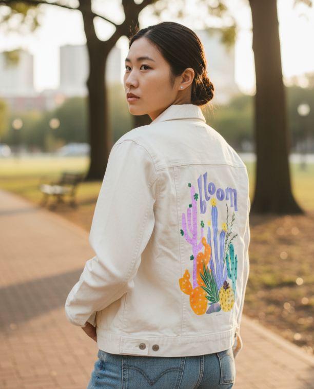 CACTUS BLOOMS by thearticsoul, digitally printed on DENIM products: throw pillows, aprons, table place mats, and hand-made Unisex Denim Jackets in 3 color choices