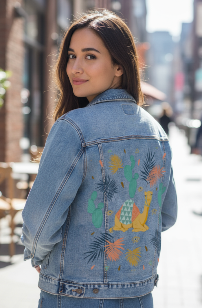 CAMEL by HEND SHEHATA, digitally printed on DENIM products: throw pillows, aprons, table place mats, and hand-made Unisex Denim Jackets in 3 color choices