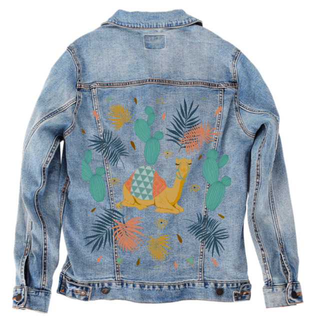 CAMEL by HEND SHEHATA, digitally printed on DENIM products: throw pillows, aprons, table place mats, and hand-made Unisex Denim Jackets in 3 color choices