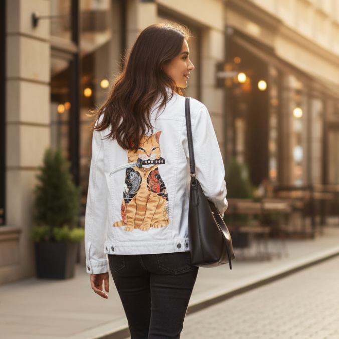 Catana by Vincent Trinidad, printed on a hand-made Unisex Denim Jacket