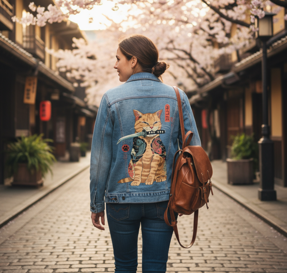 Catana by Vincent Trinidad, printed on a hand-made Unisex Denim Jacket