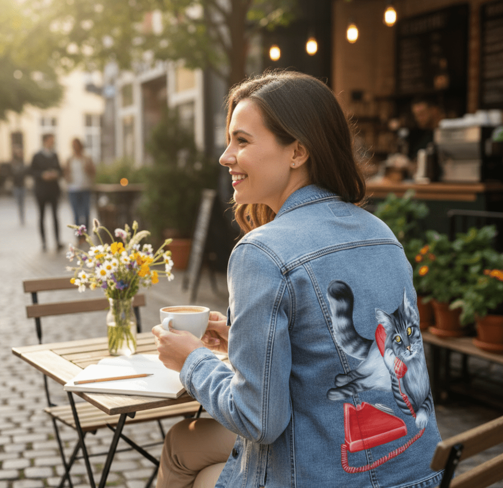 CAT ON THE PHONE by AMELIA LEGAULT, digitally printed on DENIM products: throw pillows, aprons, table place mats, and hand-made Unisex Denim Jackets in 3 color choices CAT ON THE PHONE by AMELIA LEGAULT, digitally printed on DENIM products: throw pillows, aprons, table place mats, and hand-made Unisex Denim Jackets in 3 color choices