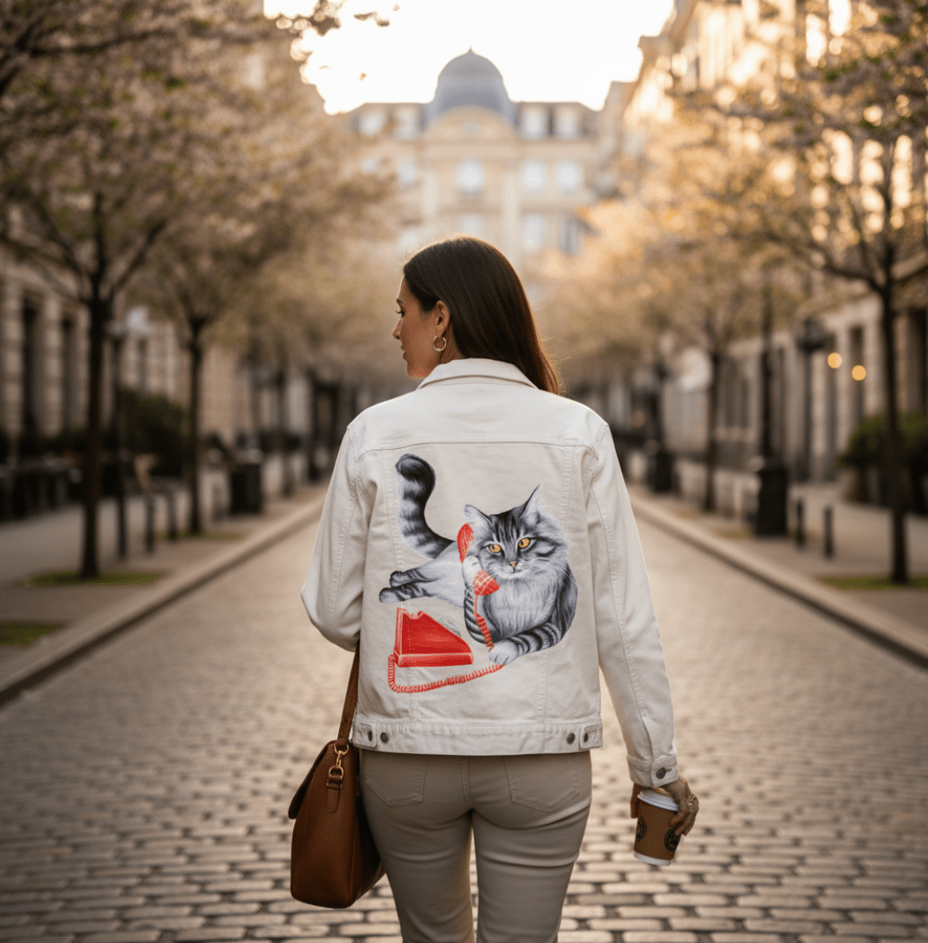 CAT ON THE PHONE by AMELIA LEGAULT, digitally printed on DENIM products: throw pillows, aprons, table place mats, and hand-made Unisex Denim Jackets in 3 color choices CAT ON THE PHONE by AMELIA LEGAULT, digitally printed on DENIM products: throw pillows, aprons, table place mats, and hand-made Unisex Denim Jackets in 3 color choices