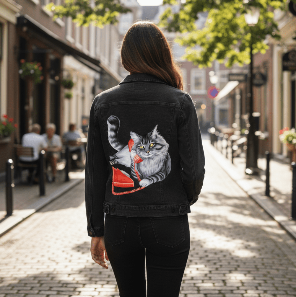 CAT ON THE PHONE by AMELIA LEGAULT, digitally printed on DENIM products: throw pillows, aprons, table place mats, and hand-made Unisex Denim Jackets in 3 color choices CAT ON THE PHONE by AMELIA LEGAULT, digitally printed on DENIM products: throw pillows, aprons, table place mats, and hand-made Unisex Denim Jackets in 3 color choices