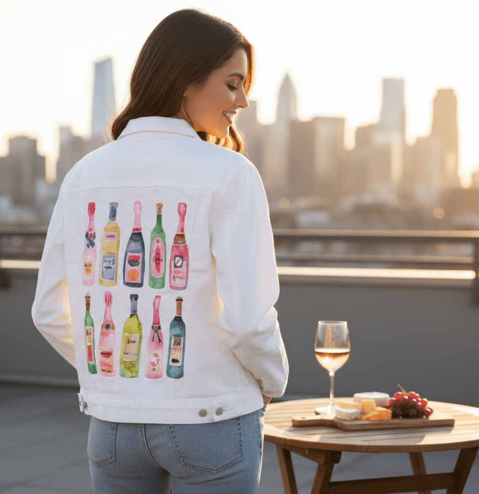 Printed Denim Jacket CHAMPGANE COLLECTION by CatCoq, digitally printed on DENIM products: throw pillows, aprons, table place mats, and hand-made Unisex Denim Jackets in 3 color choices Champagne Collection by CatCoq,on a Custom Denim Jacket with 3 color choices of jacket: Stonewash, White, or Black. Unisex XS S M L XL 2X 3X. USA hand-crafted and USA digitally printed. Ships free within the USA & also ships Internationally.