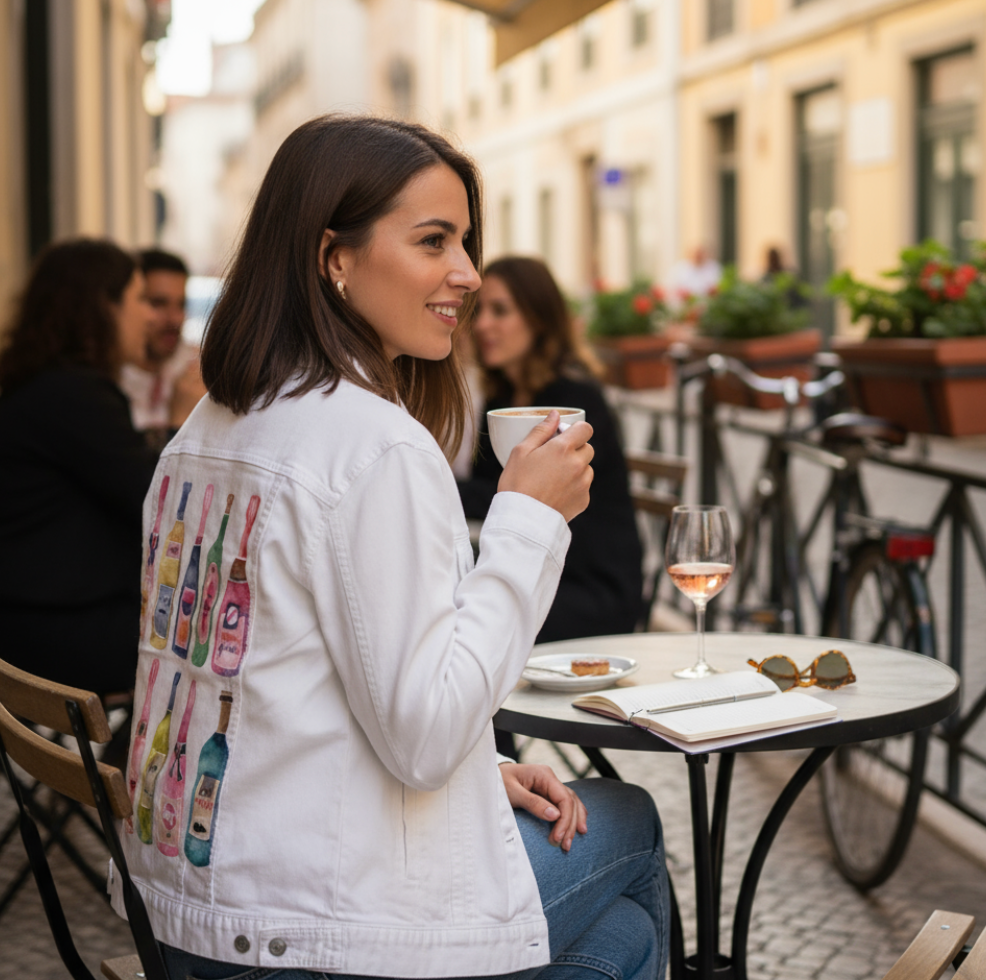 CHAMPGANE COLLECTION by CatCoq, digitally printed on DENIM products: throw pillows, aprons, table place mats, and hand-made Unisex Denim Jackets in 3 color choices