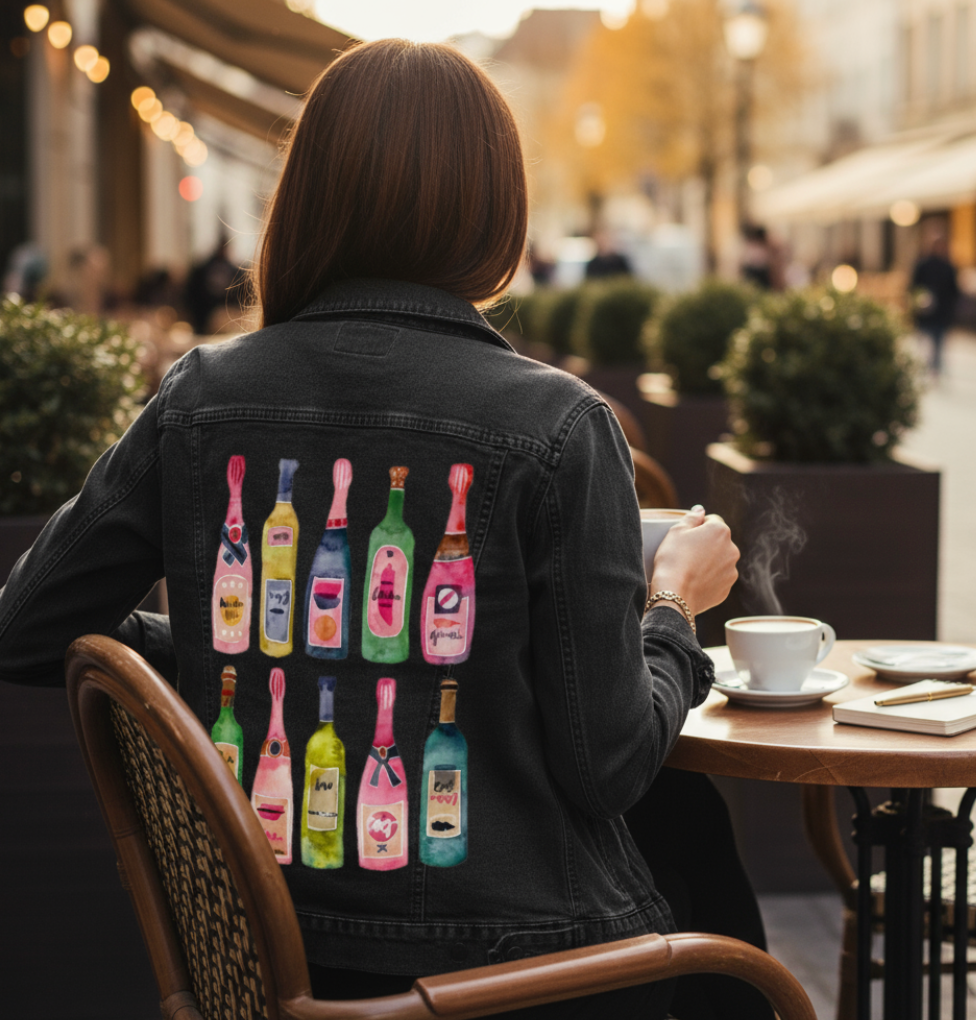 CHAMPGANE COLLECTION by CatCoq, digitally printed on DENIM products: throw pillows, aprons, table place mats, and hand-made Unisex Denim Jackets in 3 color choices