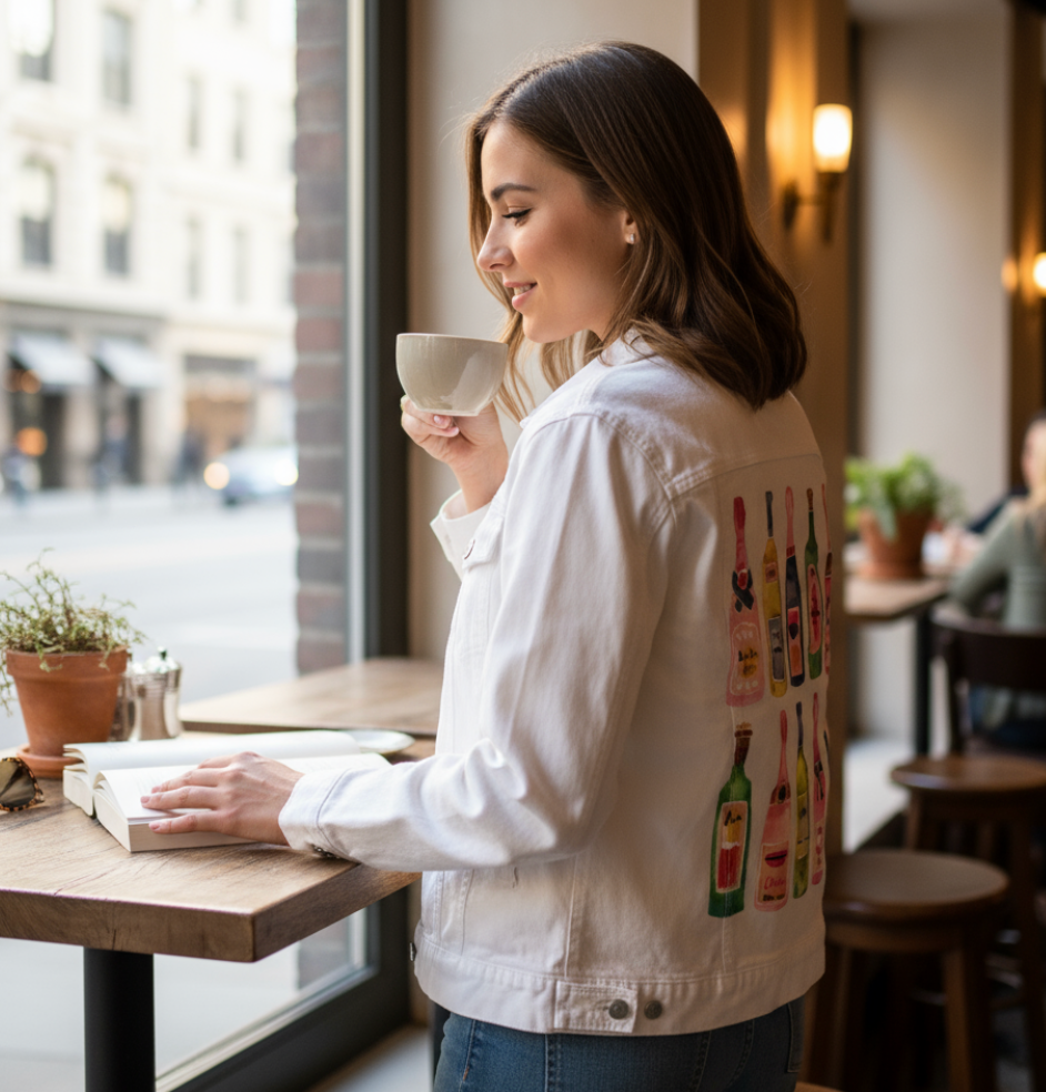 CHAMPGANE COLLECTION by CatCoq, digitally printed on DENIM products: throw pillows, aprons, table place mats, and hand-made Unisex Denim Jackets in 3 color choices