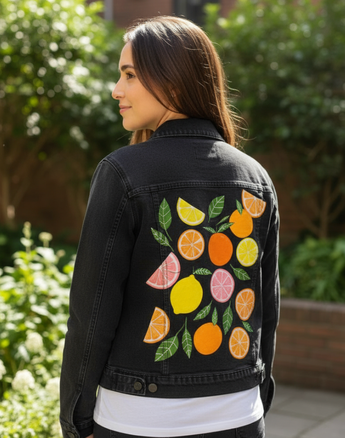 CITRUS BLOOM by HEND SHEHATA, digitally printed on DENIM products: throw pillows, aprons, table place mats, and hand-made Unisex Denim Jackets in 3 color choices
