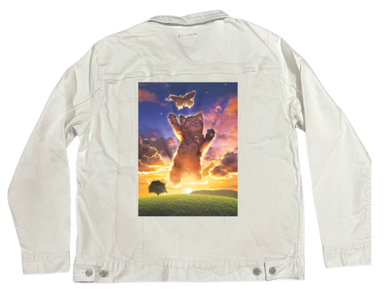 CLOUD KITTEN SUNSET by VINCENT HIE, digitally printed on DENIM products: throw pillows, aprons, table place mats, and hand-made Unisex Denim Jackets in 3 color choices