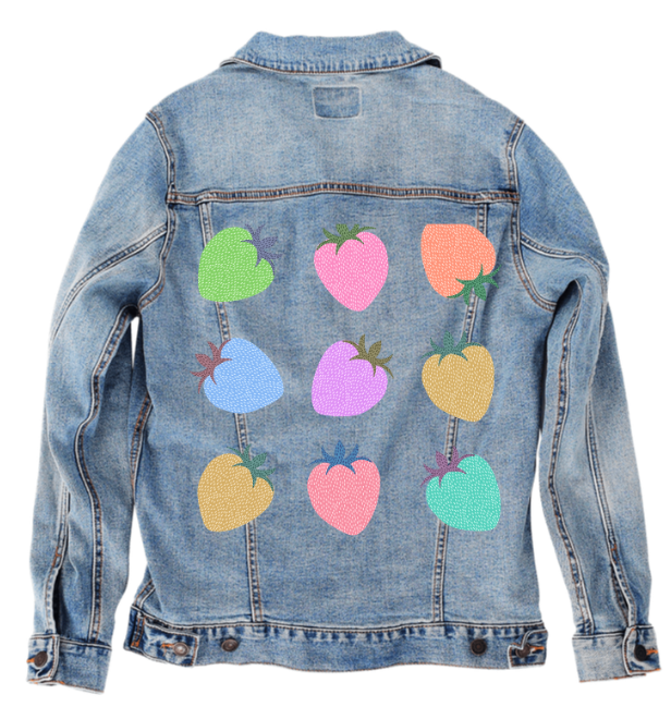 COLORED BERRIES by HEND SHEHATA, digitally printed on DENIM products: throw pillows, aprons, table place mats, and hand-made Unisex Denim Jackets in 3 color choices