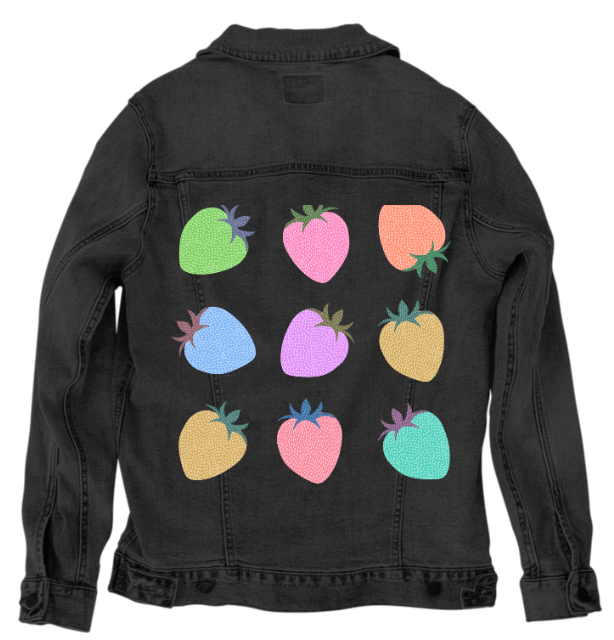 COLORED BERRIES by HEND SHEHATA, digitally printed on DENIM products: throw pillows, aprons, table place mats, and hand-made Unisex Denim Jackets in 3 color choices