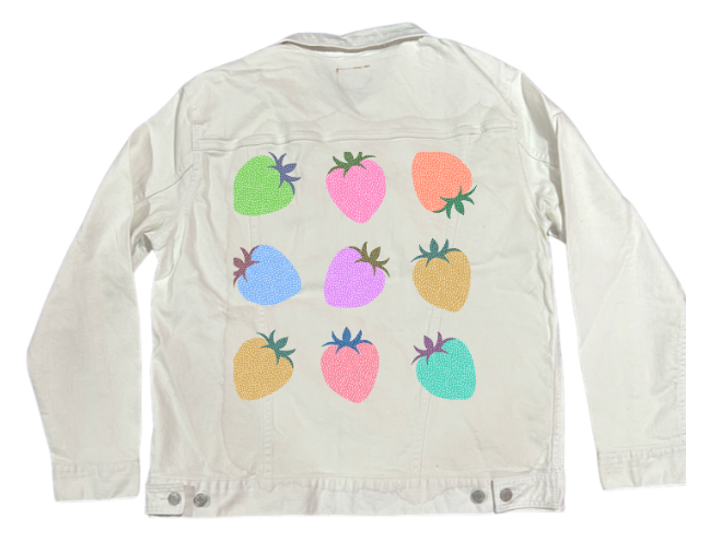 COLORED BERRIES by HEND SHEHATA, digitally printed on DENIM products: throw pillows, aprons, table place mats, and hand-made Unisex Denim Jackets in 3 color choices