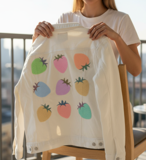 COLORED BERRIES by HEND SHEHATA, digitally printed on DENIM products: throw pillows, aprons, table place mats, and hand-made Unisex Denim Jackets in 3 color choices