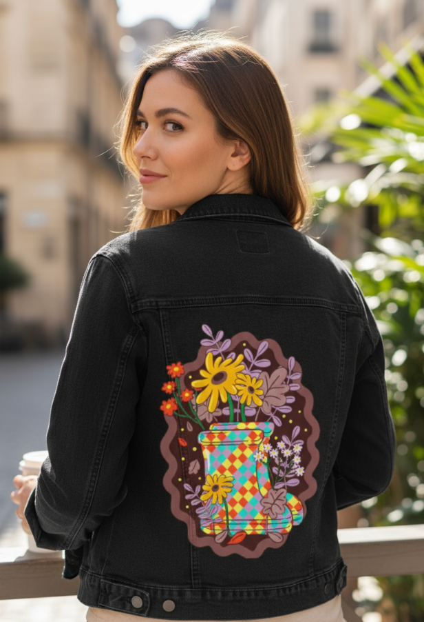 COLORFALL SEASON BOOTS by IndySign, digitally printed on DENIM products: throw pillows, aprons, table place mats, and hand-made Unisex Denim Jackets in 3 color choices