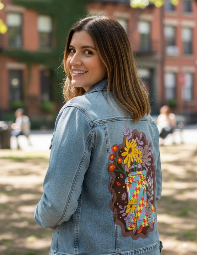 COLORFALL SEASON BOOTS by IndySign, digitally printed on DENIM products: throw pillows, aprons, table place mats, and hand-made Unisex Denim Jackets in 3 color choices