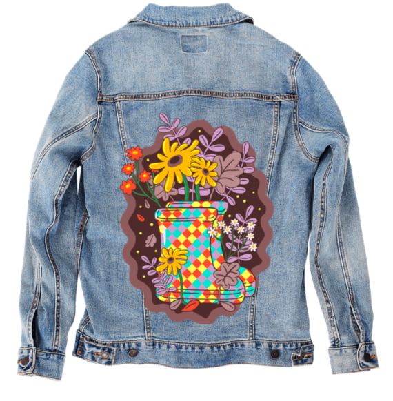 COLORFALL SEASON BOOTS by IndySign, digitally printed on DENIM products: throw pillows, aprons, table place mats, and hand-made Unisex Denim Jackets in 3 color choices
