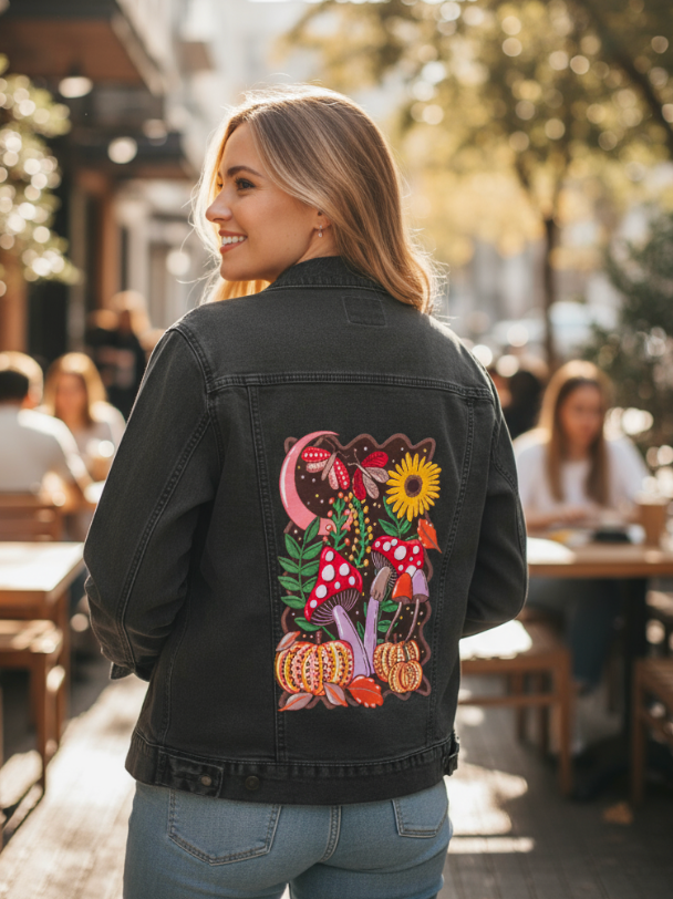 COLORFALL SEASON SHROOMS AND MOTHS by IndySign, digitally printed on DENIM products: throw pillows, aprons, table place mats, and hand-made Unisex Denim Jackets in 3 color choices
