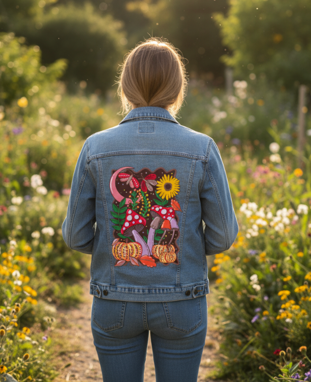 COLORFALL SEASON SHROOMS AND MOTHS by IndySign, digitally printed on DENIM products: throw pillows, aprons, table place mats, and hand-made Unisex Denim Jackets in 3 color choices