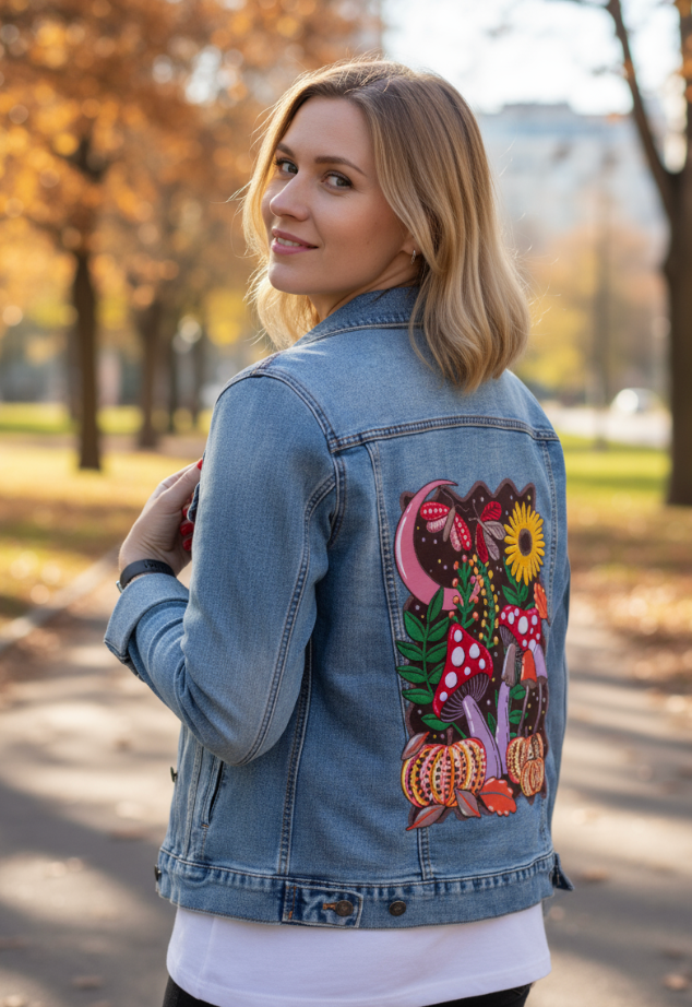 COLORFALL SEASON SHROOMS AND MOTHS by IndySign, digitally printed on DENIM products: throw pillows, aprons, table place mats, and hand-made Unisex Denim Jackets in 3 color choices