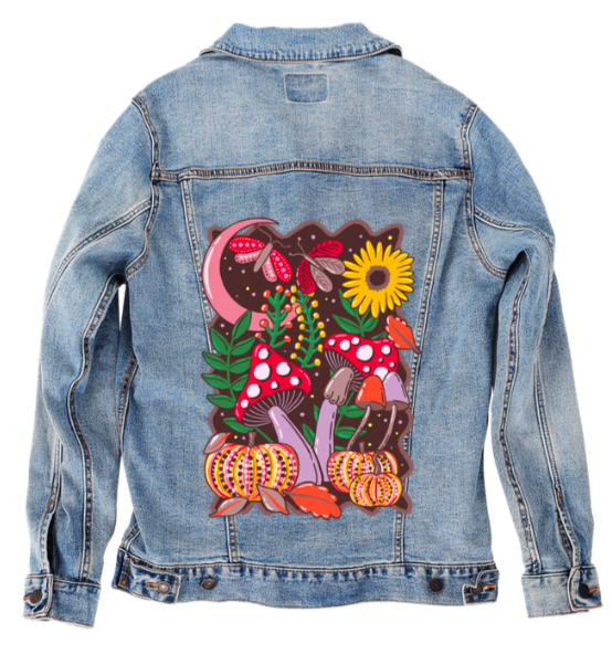 COLORFALL SEASON SHROOMS AND MOTHS by IndySign, digitally printed on DENIM products: throw pillows, aprons, table place mats, and hand-made Unisex Denim Jackets in 3 color choices