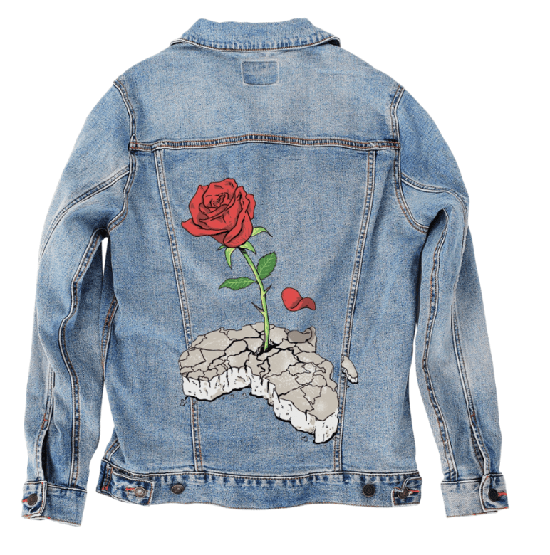 CONCRETE ROSE, by THE NYGERIANS, digitally printed on DENIM products: throw pillows, aprons, table place mats, and hand - made Unisex Denim Jackets in 3 color choices custom denim jacket by DenimINK