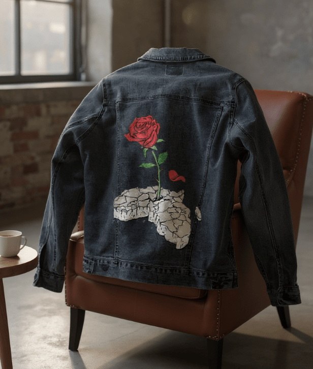 CONCRETE ROSE, by THE NYGERIANS, digitally printed on DENIM products: throw pillows, aprons, table place mats, and hand - made Unisex Denim Jackets in 3 color choices custom denim jacket by DenimINK