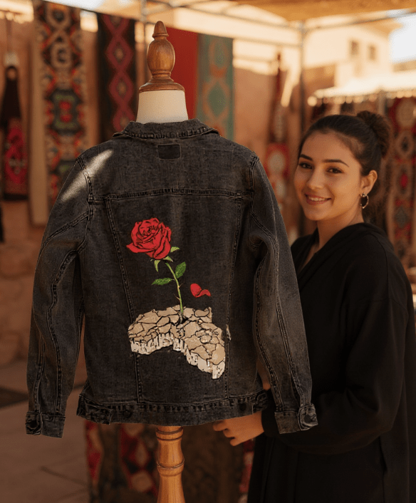 CONCRETE ROSE, by THE NYGERIANS, digitally printed on DENIM products: throw pillows, aprons, table place mats, and hand - made Unisex Denim Jackets in 3 color choices custom denim jacket by DenimINK