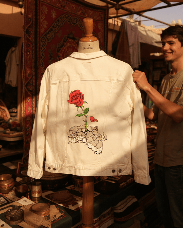 CONCRETE ROSE, by THE NYGERIANS, digitally printed on DENIM products: throw pillows, aprons, table place mats, and hand - made Unisex Denim Jackets in 3 color choices custom denim jacket by DenimINK