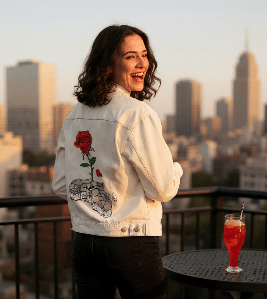 CONCRETE ROSE, by THE NYGERIANS, digitally printed on DENIM products: throw pillows, aprons, table place mats, and hand - made Unisex Denim Jackets in 3 color choices custom denim jacket by DenimINK