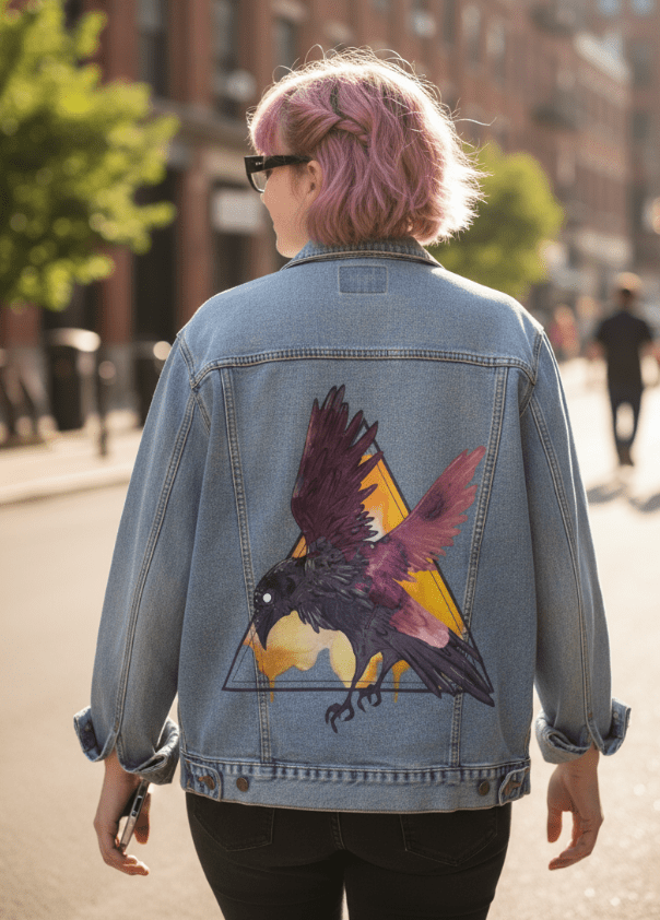 CROW WATERCOLOUR by JESS ADAMS, digitally printed on DENIM products: throw pillows, aprons, table place mats, and hand-made Unisex Denim Jackets in 3 color choices CROW WATERCOLOUR by JESS ADAMS, digitally printed on DENIM products: throw pillows, aprons, table place mats, and hand-made Unisex Denim Jackets in 3 color choices