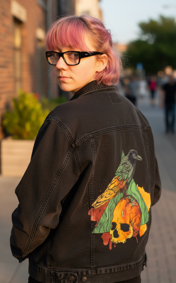CROW by JESS ADAMS, digitally printed on DENIM products: throw pillows, aprons, table place mats, and hand-made Unisex Denim Jackets in 3 color choices