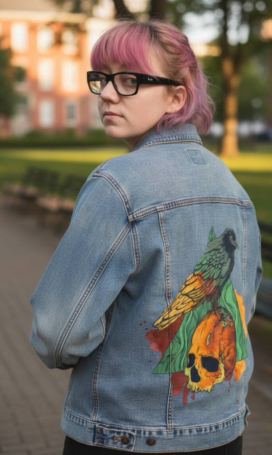 CROW by JESS ADAMS, digitally printed on DENIM products: throw pillows, aprons, table place mats, and hand-made Unisex Denim Jackets in 3 color choices