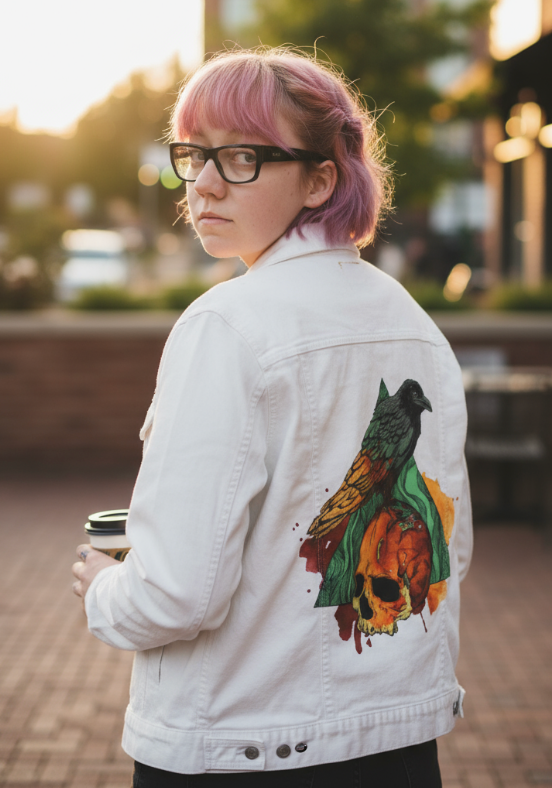 CROW by JESS ADAMS, digitally printed on DENIM products: throw pillows, aprons, table place mats, and hand-made Unisex Denim Jackets in 3 color choices