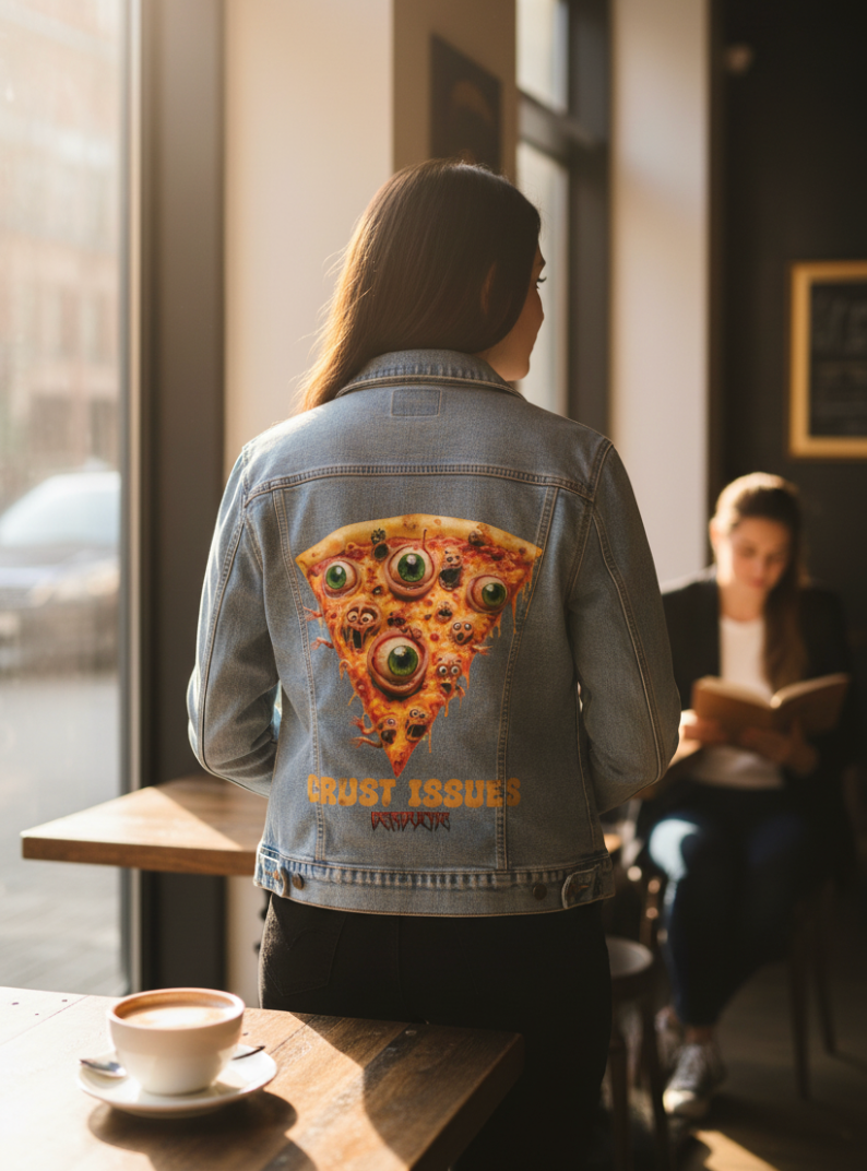 CRUST ISSUES by DeROUCHE DESIGNS, digitally printed on DENIM products: throw pillows, aprons, table place mats, and hand-made Unisex Denim Jackets in 3 color choices