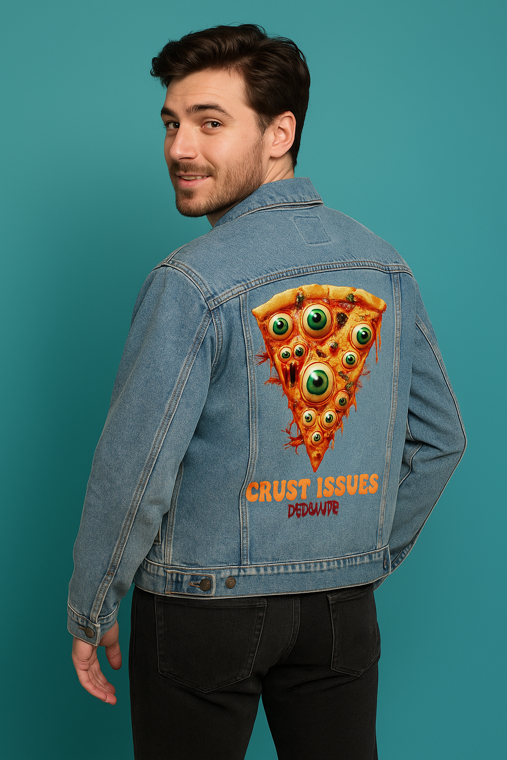 CRUST ISSUES by DeROUCHE DESIGNS, digitally printed on DENIM products: throw pillows, aprons, table place mats, and hand-made Unisex Denim Jackets in 3 color choices