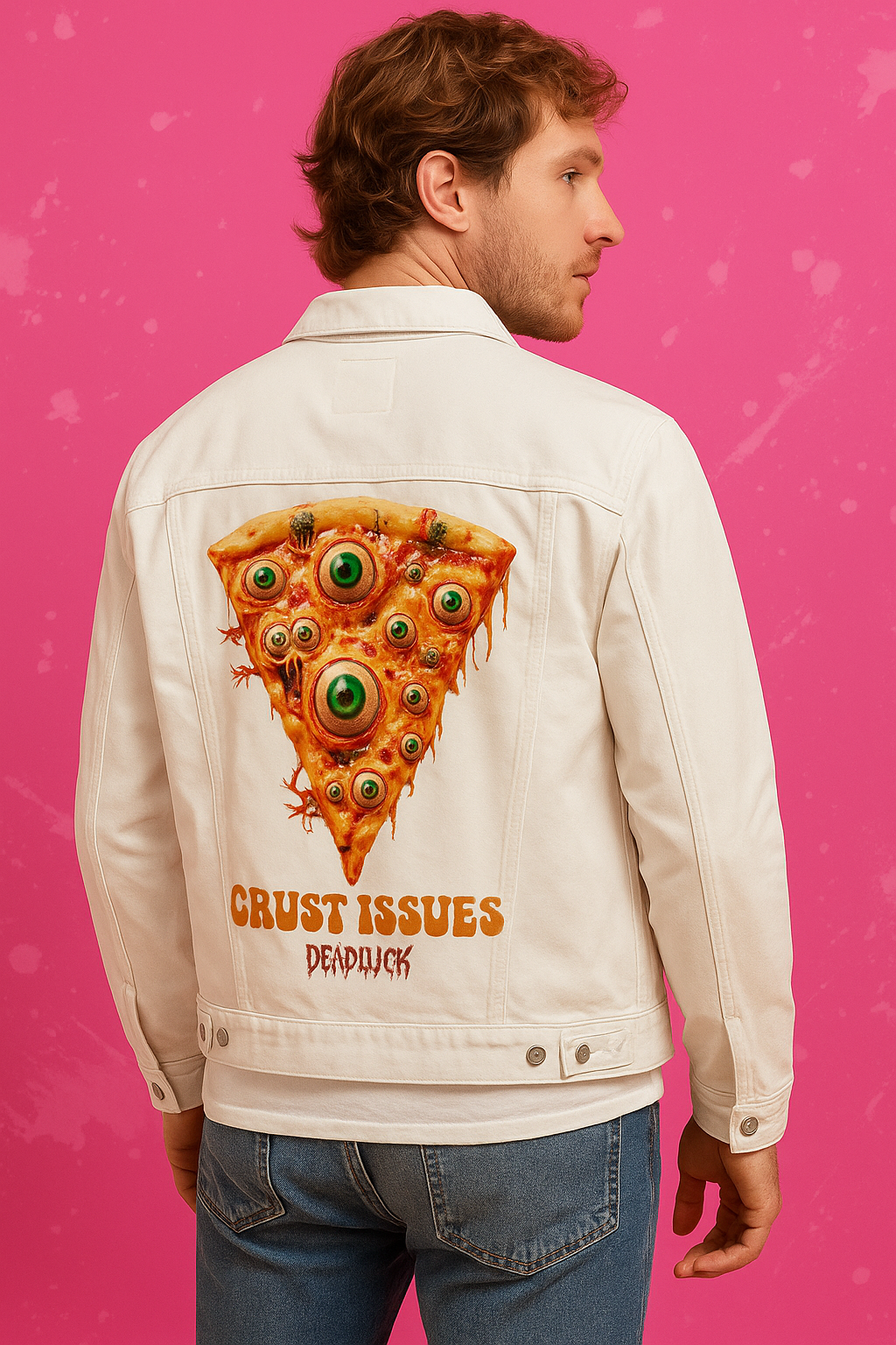 CRUST ISSUES by DeROUCHE DESIGNS, digitally printed on DENIM products: throw pillows, aprons, table place mats, and hand-made Unisex Denim Jackets in 3 color choices