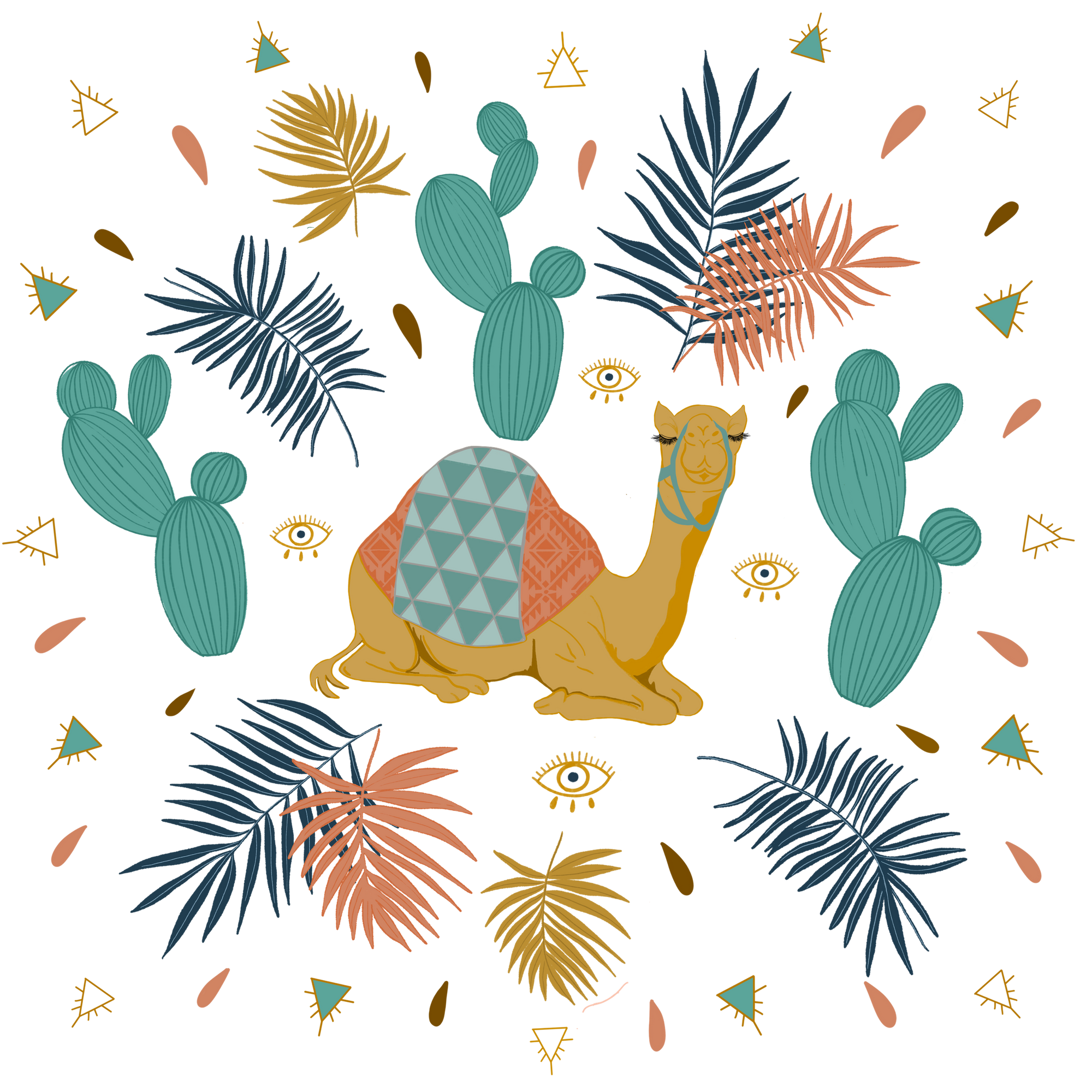 CAMEL by HEND SHEHATA, digitally printed on DENIM products: throw pillows, aprons, table place mats, and hand-made Unisex Denim Jackets in 3 color choices