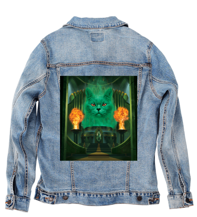 CAT THE GREAT AND POWERFUL by VINCENT HIE, digitally printed on DENIM products: throw pillows, aprons, table place mats, and hand-made Unisex Denim Jackets in 3 color choices