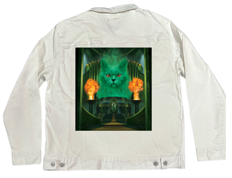 CAT THE GREAT AND POWERFUL by VINCENT HIE, digitally printed on DENIM products: throw pillows, aprons, table place mats, and hand-made Unisex Denim Jackets in 3 color choices