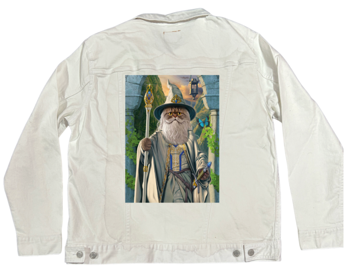 CATDALF THE WHITE by VINCENT HIE, digitally printed on DENIM products: throw pillows, aprons, table place mats, and hand-made Unisex Denim Jackets in 3 color choices