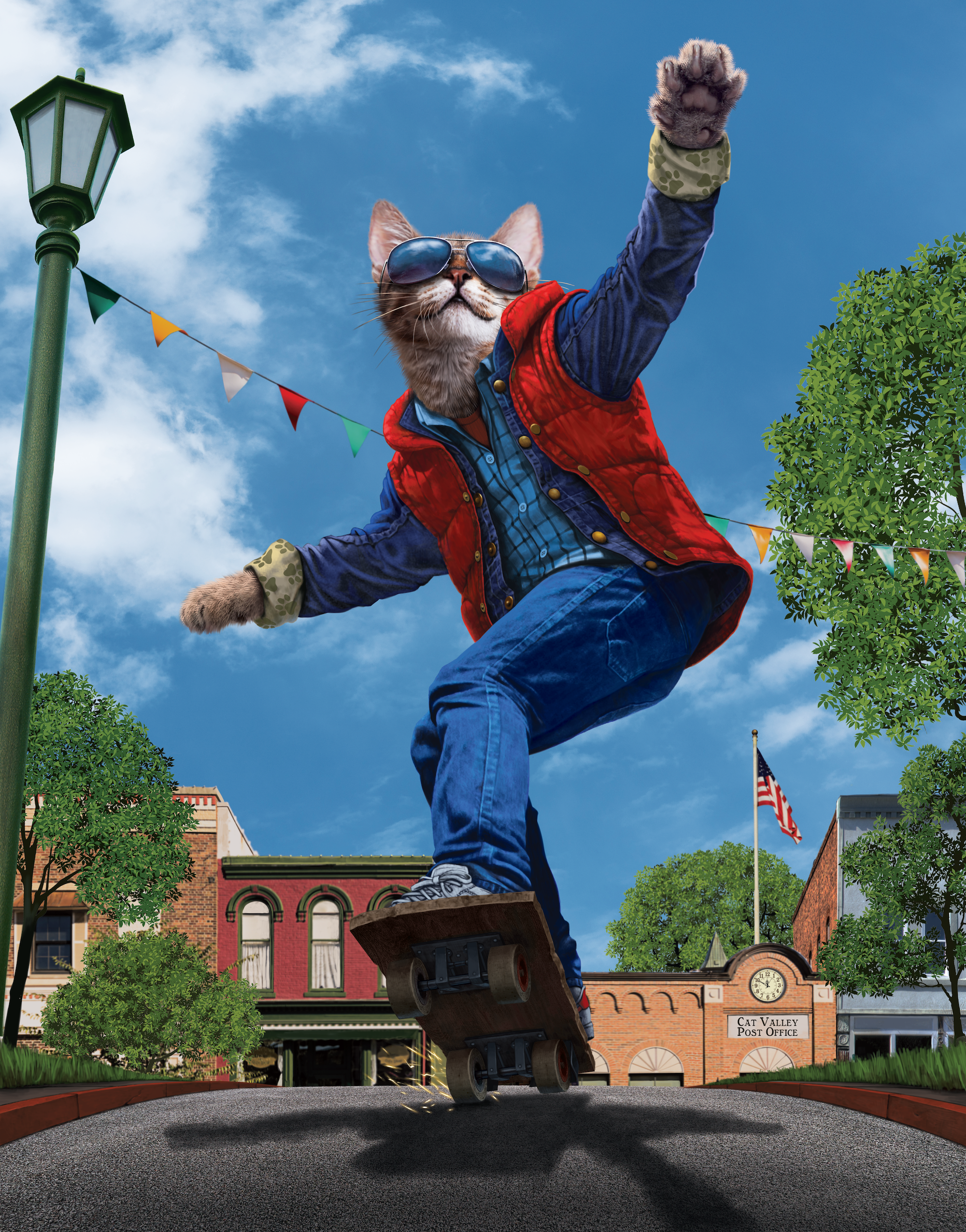 CAT TO THE FUTURE by VINCENT HIE, digitally printed on DENIM products: throw pillows, aprons, table place mats, and hand-made Unisex Denim Jackets in 3 color choices