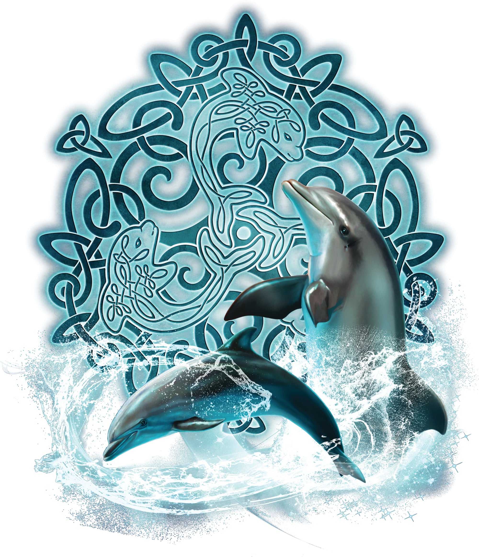 CELTIC DOLPHIN by BRIGID ASHWOOD, digitally printed on DENIM products: throw pillows, aprons, table place mats, and hand-made Unisex Denim Jackets in 3 color choices