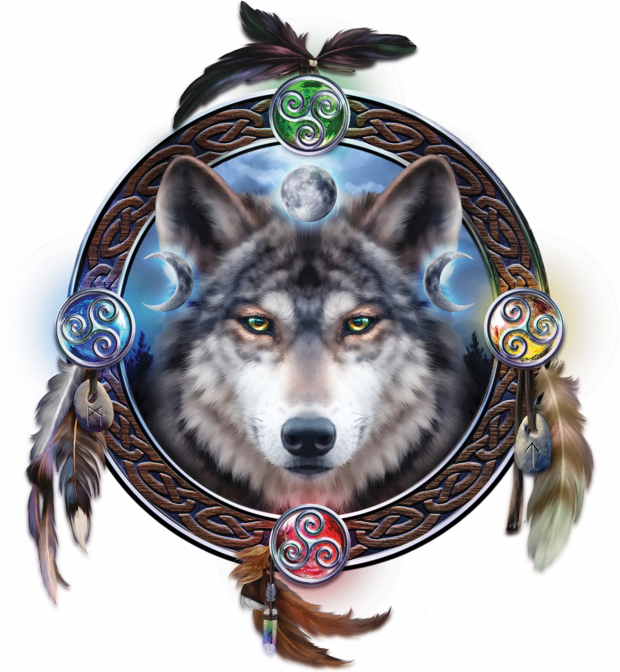 CELTIC WOLF GUIDE by BRIGID ASHWOOD, digitally printed on DENIM products: throw pillows, aprons, table place mats, and hand-made Unisex Denim Jackets in 3 color choices