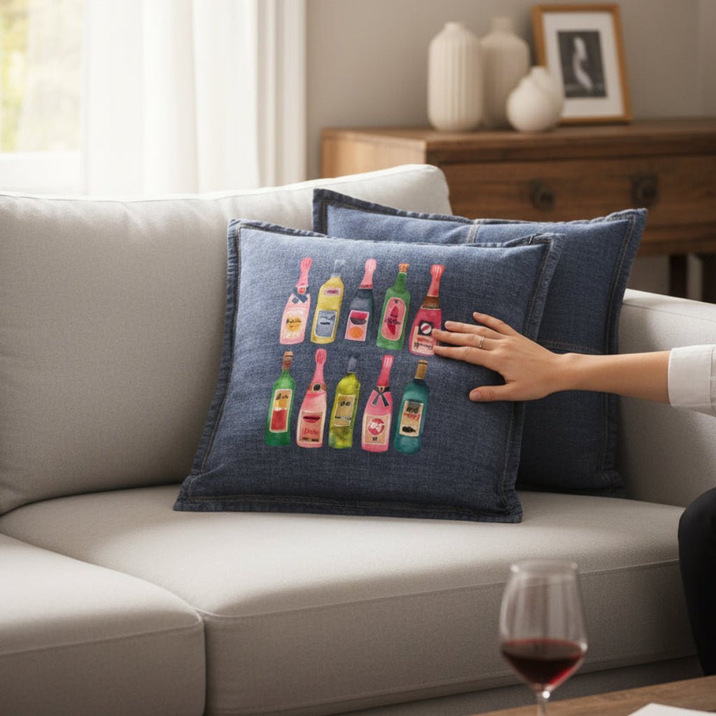 Decorative pillow with colorful bottle design on a beige sofa in a living room setting. Champagne-collection-by-CatCoq-throw-pillow-lifestyle-shot