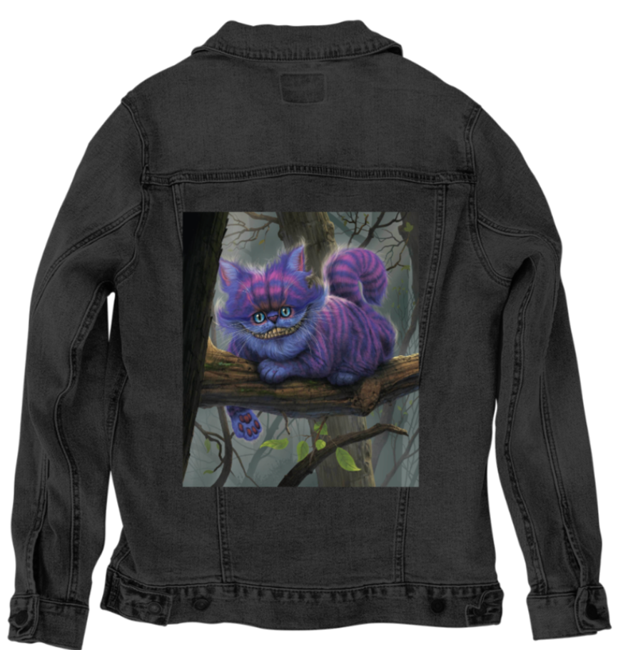 CHESHIRE CAT by VINCENT HIE, digitally printed on DENIM products: throw pillows, aprons, table place mats, and hand-made Unisex Denim Jackets in 3 color choices
