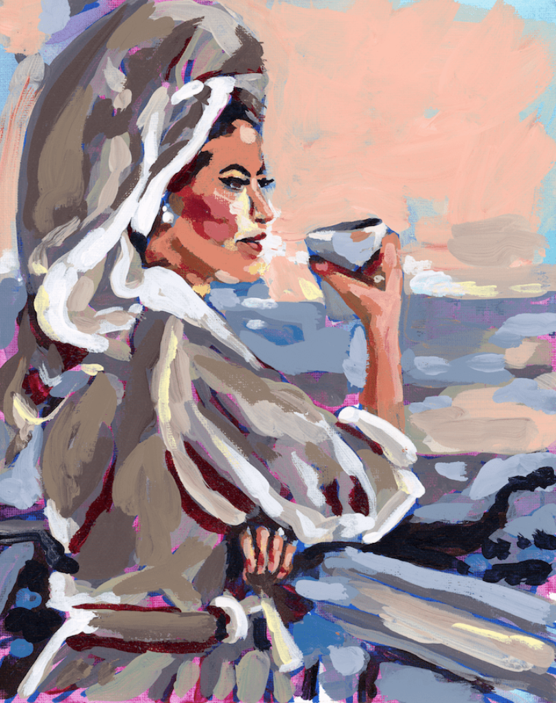 illustration of A woman in side profile holding a small cup near her lips, painted with expressive, layered brushstrokes. she wears a voluminous coat with thick, sweeping strokes in cream, taupe, and gray, and her hair flows back in loose arcs. the background blends peach, blue, lavender, and gray tones suggesting sky and water. the cup is rendered in pale gray with dark accents. This artwork is titled “Coffee Girl” and created by Paige Flotterud