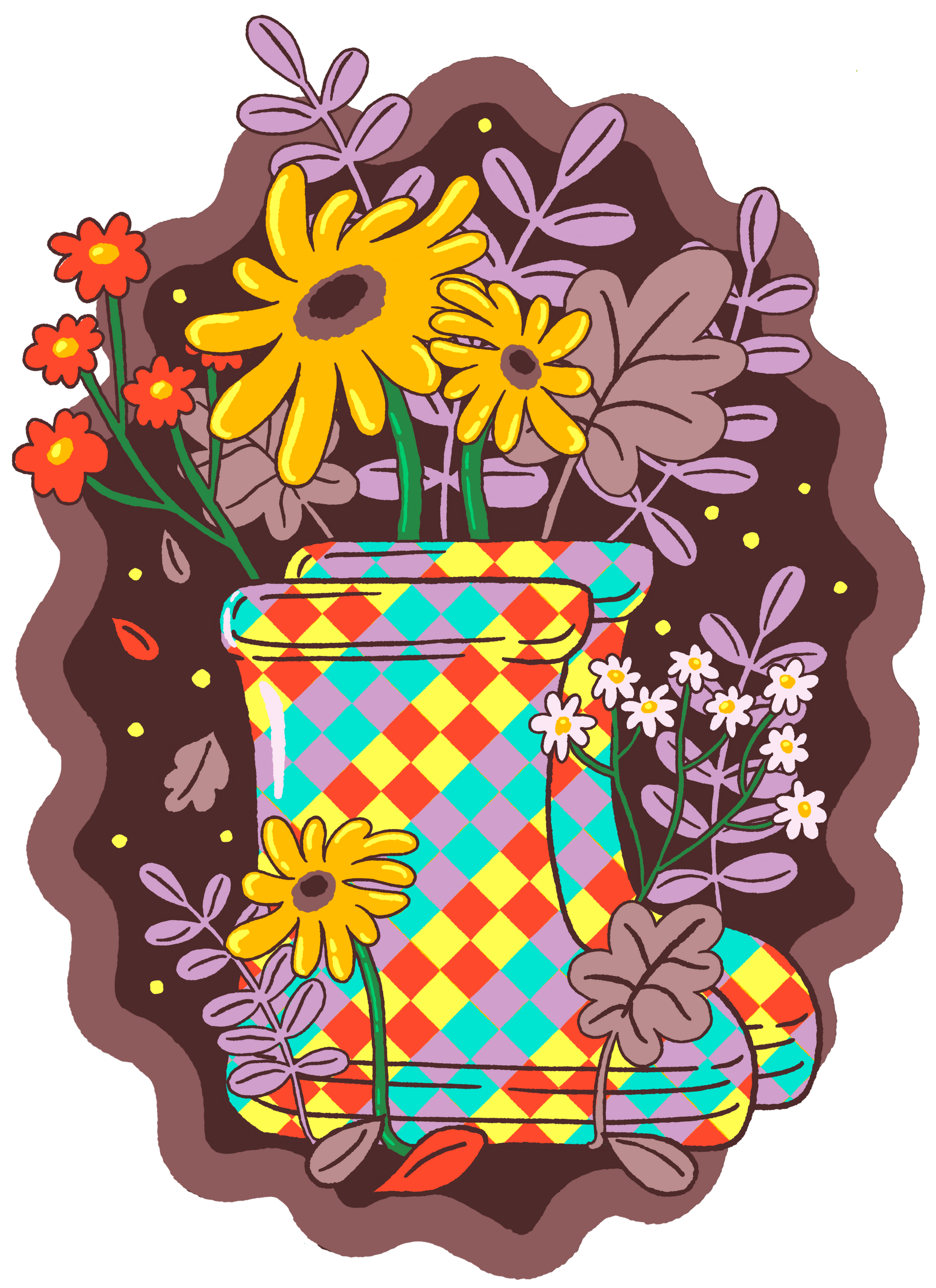 COLORFALL SEASON BOOTS by IndySign, digitally printed on DENIM products: throw pillows, aprons, table place mats, and hand-made Unisex Denim Jackets in 3 color choices